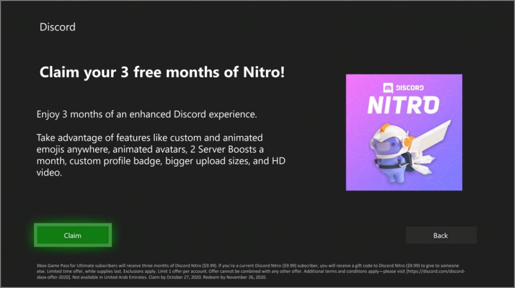 3 Month free Discord Nitro code from Xbox Ultimate